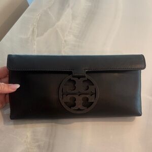Tory Burch Black Leather Logo Foldover Clutch